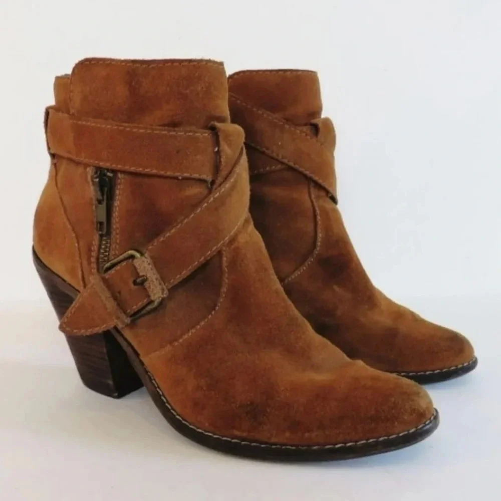 Dolce Vita Size 7.5 Brown Tan Leather Suede Cross Wrap Buckle Ankle Boot - Picture 2 of 12